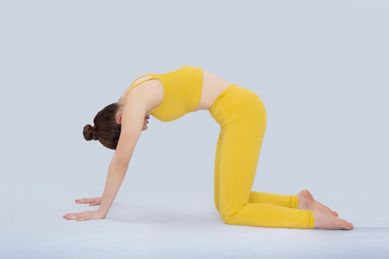 An adult woman in a yellow outfit performing cat pose yoga indoors, focusing on flexibility and well-being.